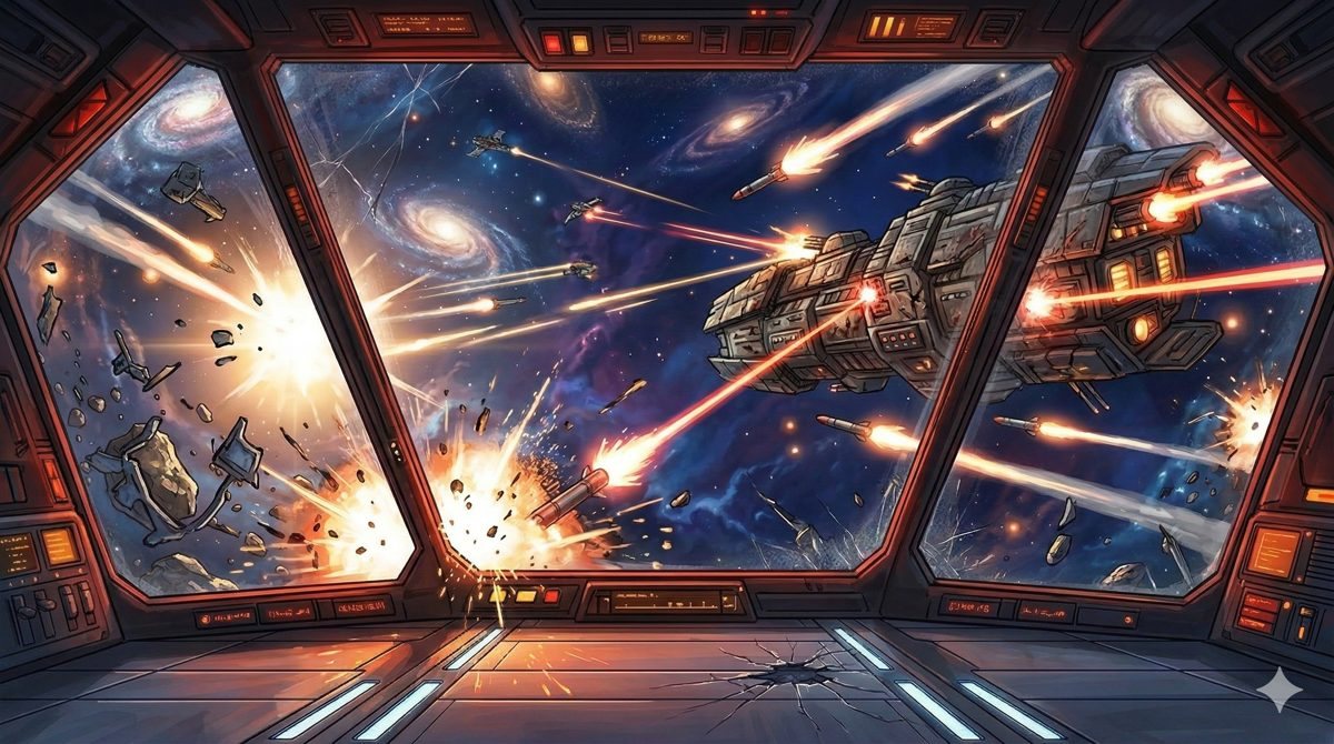 Space Trader: Raumschlacht vor dem Fenster eines Raumschiffs
